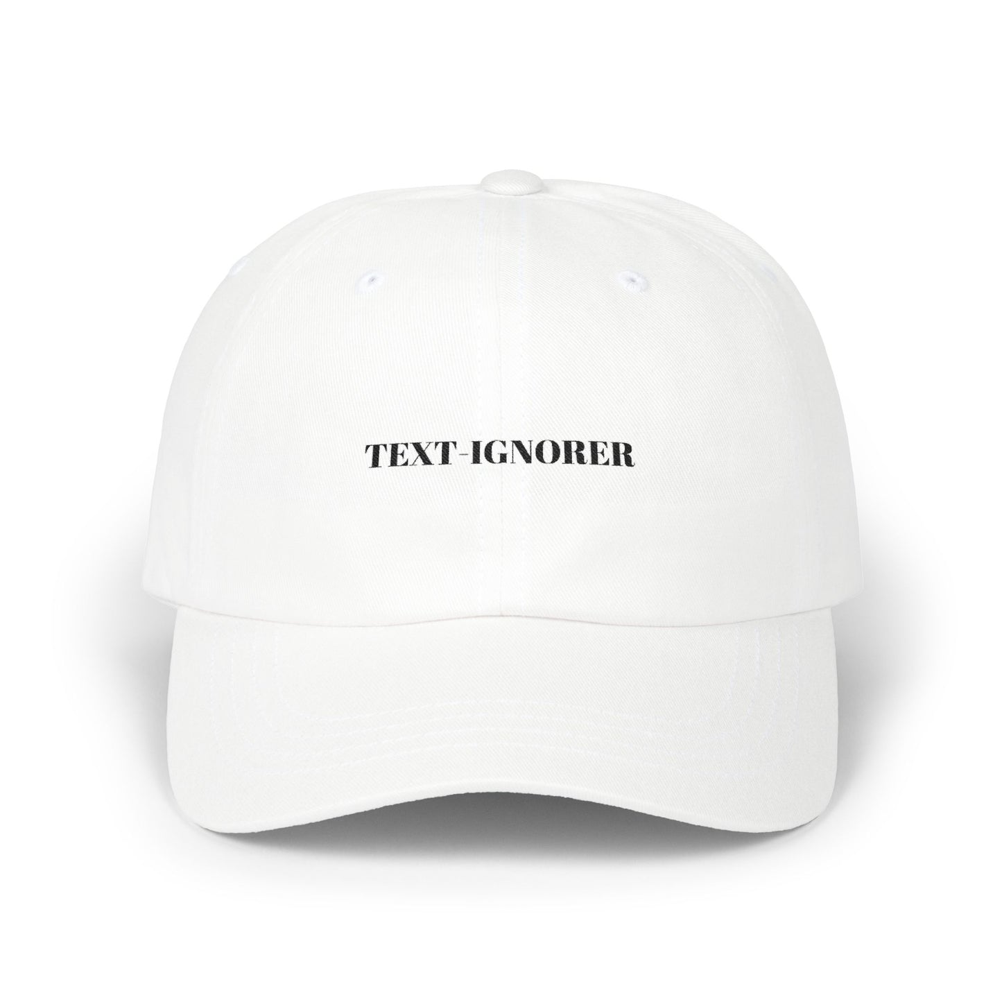 text-ignorer - unisex embroidered cotton hat in white, pink, & stone